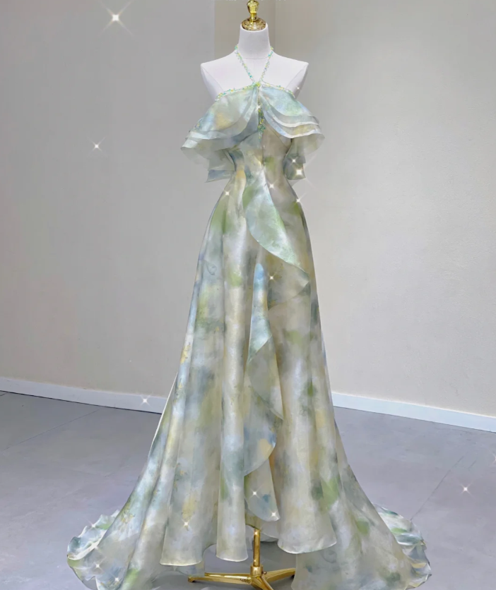 Vestido de noche elegante de gasa, corte A, sin mangas, estilo halter, para escuela secundaria, largo, verde, para fiesta, DP427