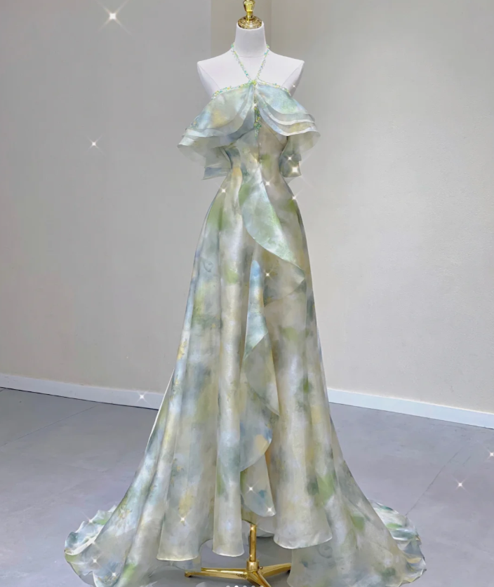 Vestido de noche elegante de gasa, corte A, sin mangas, estilo halter, para escuela secundaria, largo, verde, para fiesta, DP427