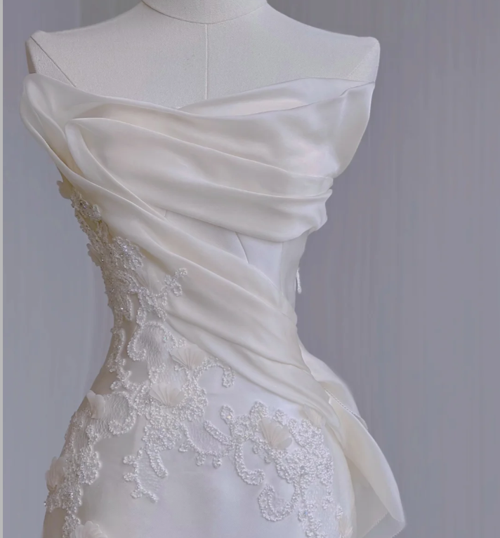 Vestido de novia de verano de satén largo sin tirantes de sirena de ensueño DP436