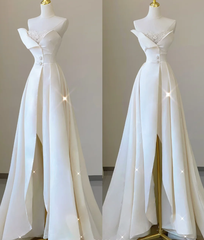 Unique A line Strapless Neckline Satin Long Wedding Dresses White Brides Dress DP459