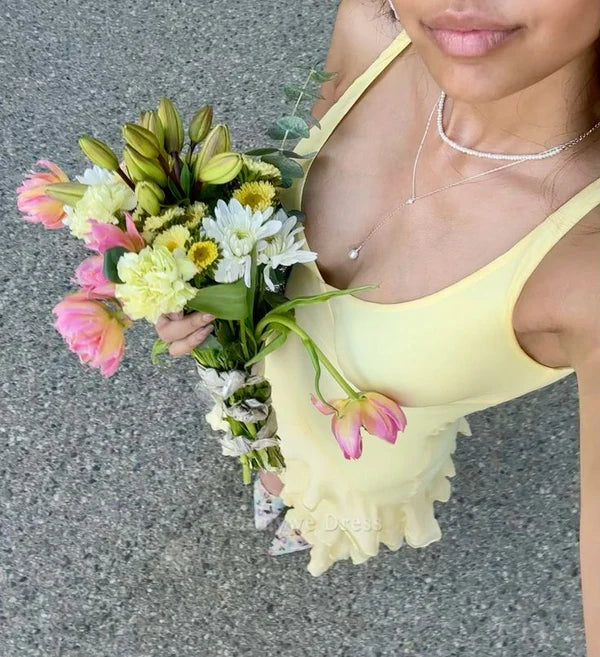 Classy Mermaid Elegant V-Neck Tiered Light Yellow Long formal dresses Bridesmaid Dresses Prom Dress V-Neck Tiered Light Yellow Long formal Dress DP485