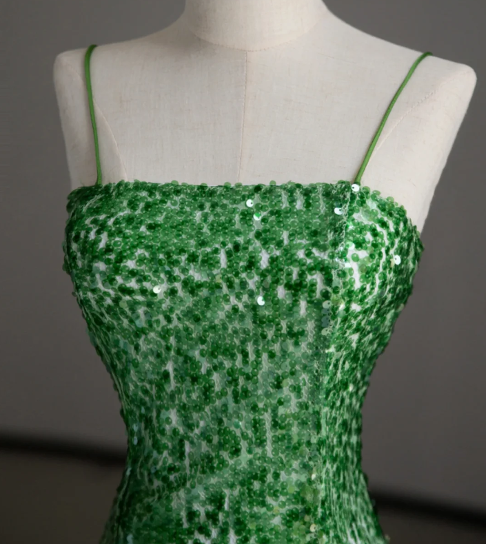 Hermoso vestido de fiesta largo con tirantes finos, verde, sin mangas, con lentejuelas, DP504