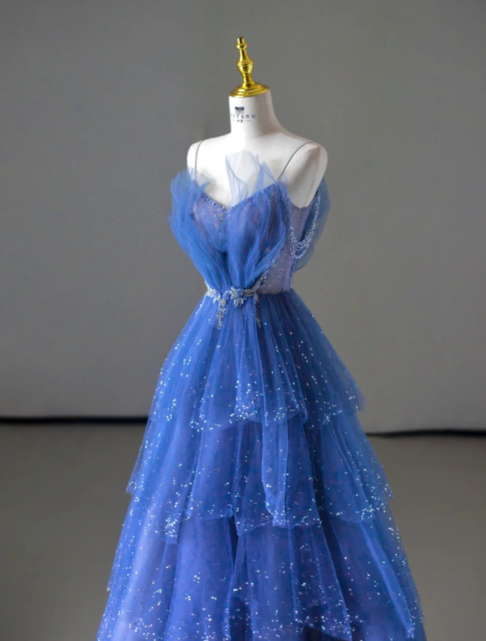 Elegante vestido de fiesta con tirantes finos de tul azul rey, para fiesta de cumpleaños, baile, graduación, DP510