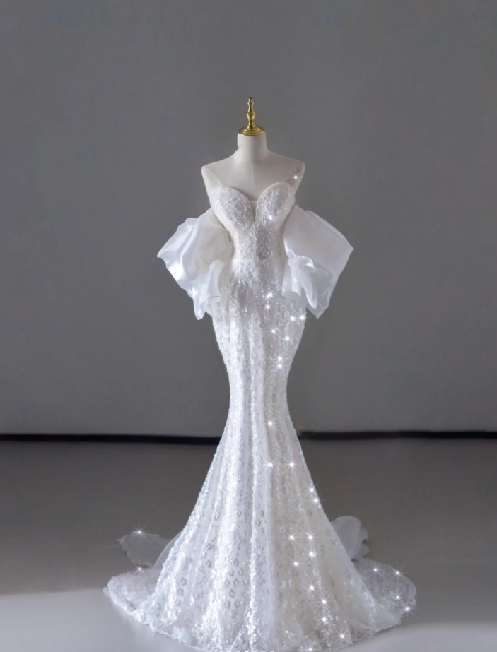 Vestido de novia largo blanco con lentejuelas y hombros descubiertos de sirena de ensueño, vestido de novia de verano DP515