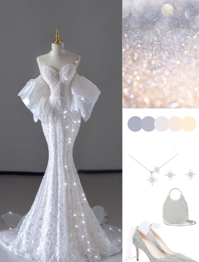 Vestido de novia largo blanco con lentejuelas y hombros descubiertos de sirena de ensueño, vestido de novia de verano DP515