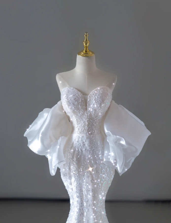 Vestido de novia largo blanco con lentejuelas y hombros descubiertos de sirena de ensueño, vestido de novia de verano DP515