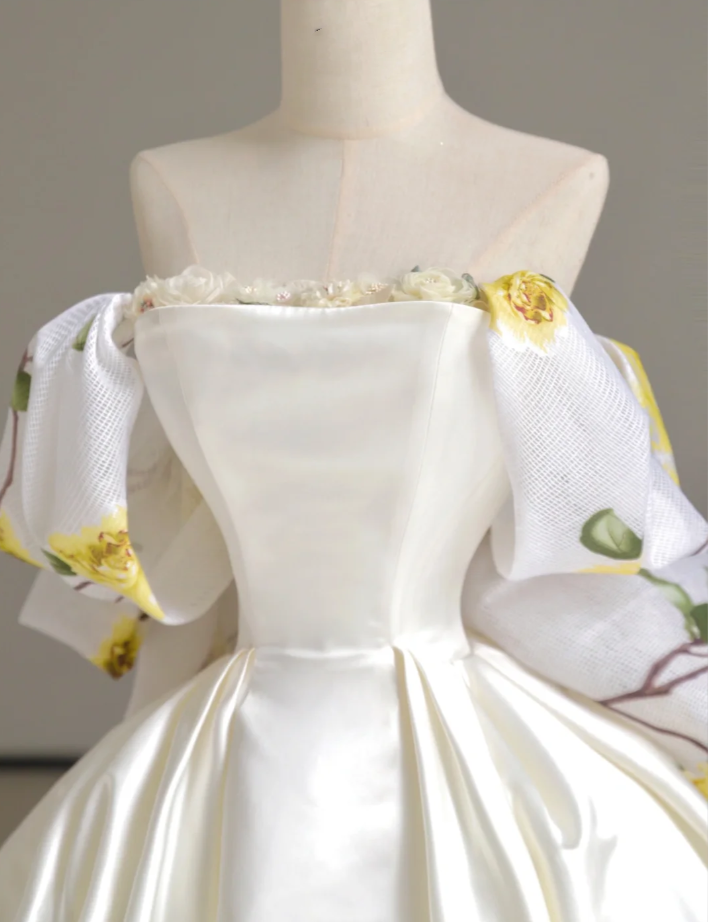 Vestido de novia largo de satén con hombros descubiertos y flores de ensueño, vestido de novia de verano DP518