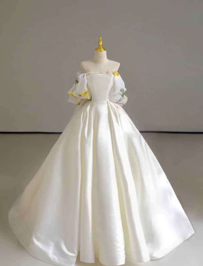 Vestido de novia largo de satén con hombros descubiertos y flores de ensueño, vestido de novia de verano DP518