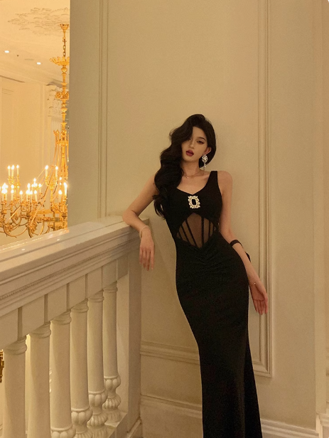 Vestido negro sin mangas con escote en V y corte sirena para fiesta de 18 cumpleaños, ideas para vestidos de cumpleaños para mujeres (DP538)