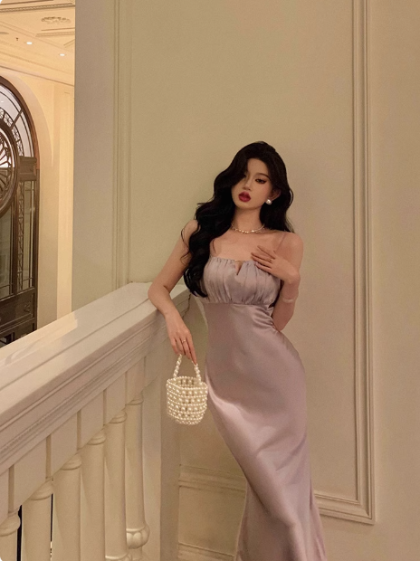Vestido elegante de sirena con tirantes finos en color lila para fiesta de 18 cumpleaños. Ideas para vestidos de cumpleaños para mujeres (DP578).