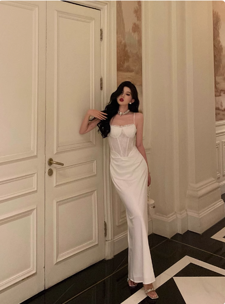 Vestido elegante de sirena con tirantes finos para fiesta de 18 años, color blanco. Ideas para vestidos de cumpleaños para mujeres (DP579).