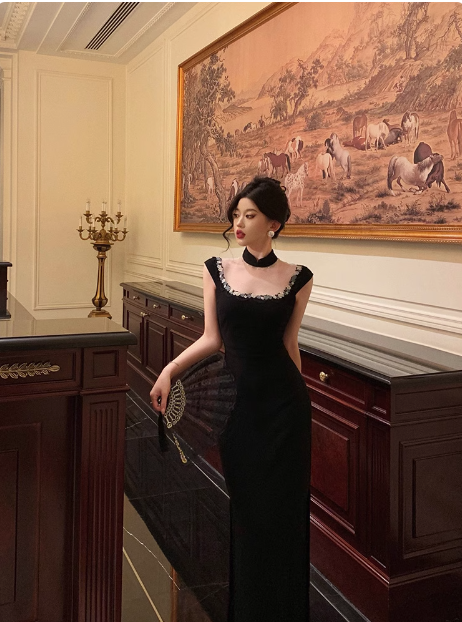 Vestido negro elegante de fiesta para 18 cumpleaños, escote cuadrado, atuendos para 21 cumpleaños, ideas de vestidos de cumpleaños para mujeres (DP586)
