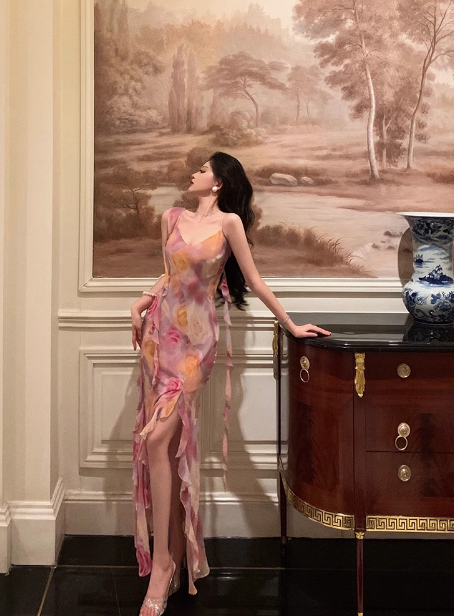 Vestido largo elegante de gasa con estampado floral rosa y corte sirena para fiesta de 18 cumpleaños. Ideas para vestidos de cumpleaños de 21 años para mujeres (DP601)