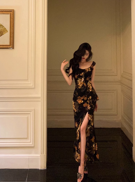 Elegante vestido de fiesta de sirena con estampado floral negro de gasa para 18 cumpleaños. Ideas de vestidos de cumpleaños para mujeres DP603.