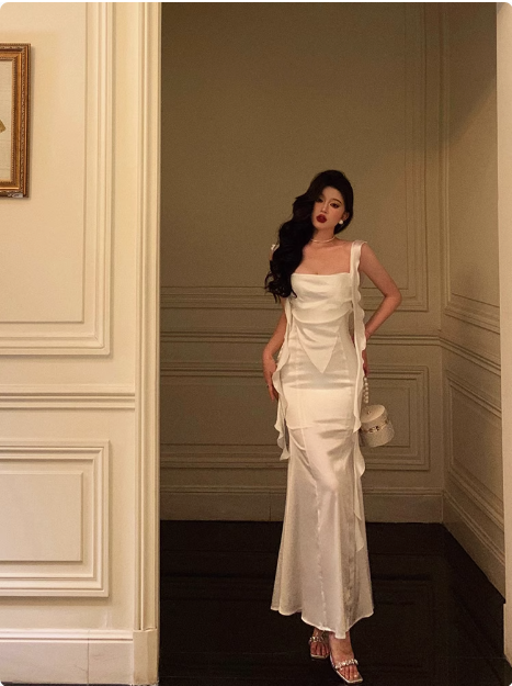 Vestido largo de sirena blanco con cuello cuadrado y elegante para fiesta de 18 cumpleaños, atuendos para 21 cumpleaños, ideas de vestidos de cumpleaños para mujeres DP605