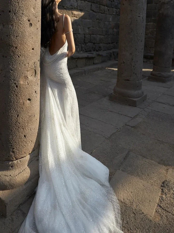 Impresionante vestido de fiesta blanco brillante de sirena con espalda descubierta, vestido de novia, vestido de fiesta, vestido formal DP606