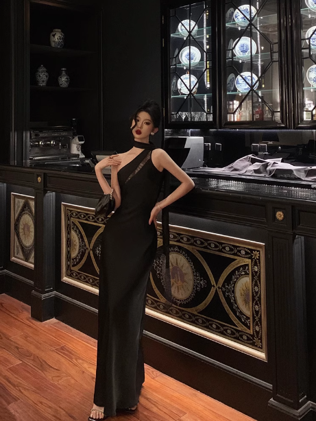 Elegante vestido negro de fiesta de cumpleaños número 18, corte A, de un solo hombro, con escote en A, ideas para vestidos de cumpleaños para mujeres DP608
