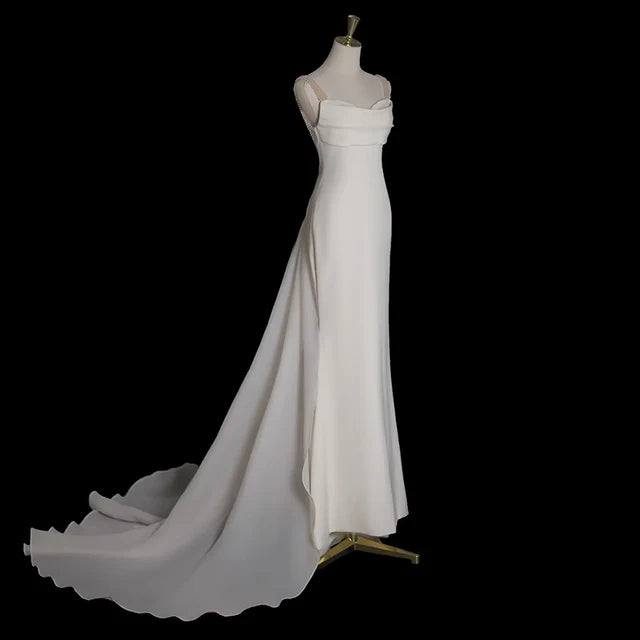 Vestido de novia sencillo de sirena blanca con tirantes y perlas, vestido de novia de verano DP616