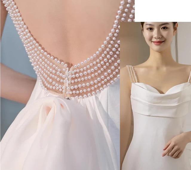 Vestido de novia sencillo de sirena blanca con tirantes y perlas, vestido de novia de verano DP616