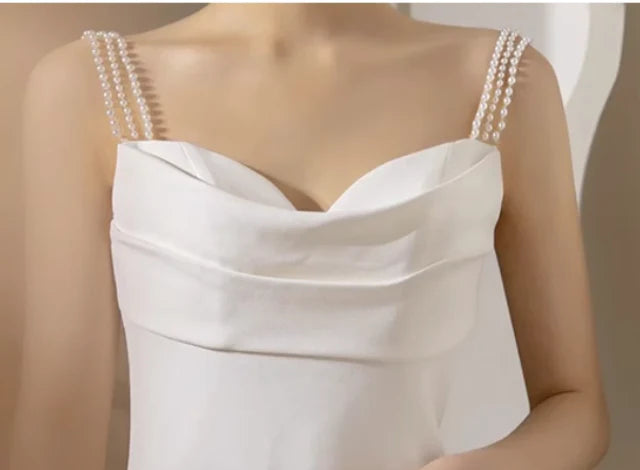 Vestido de novia sencillo de sirena blanca con tirantes y perlas, vestido de novia de verano DP616