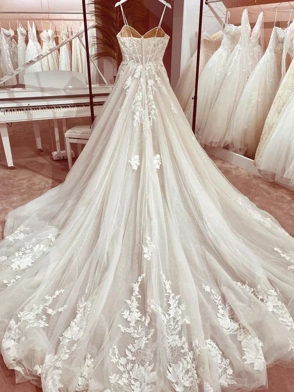 Vestido de novia elegante con tirantes finos italianos, corte A, encaje, DP636