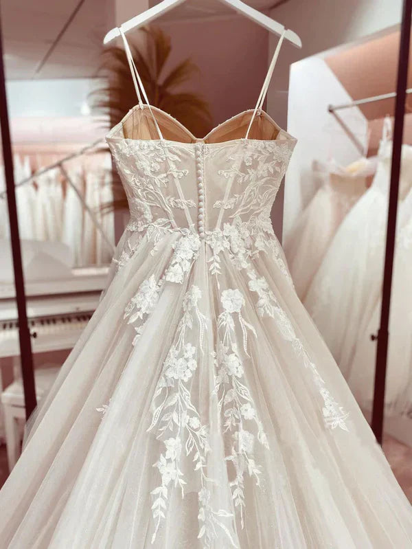 Vestido de novia elegante con tirantes finos italianos, corte A, encaje, DP636