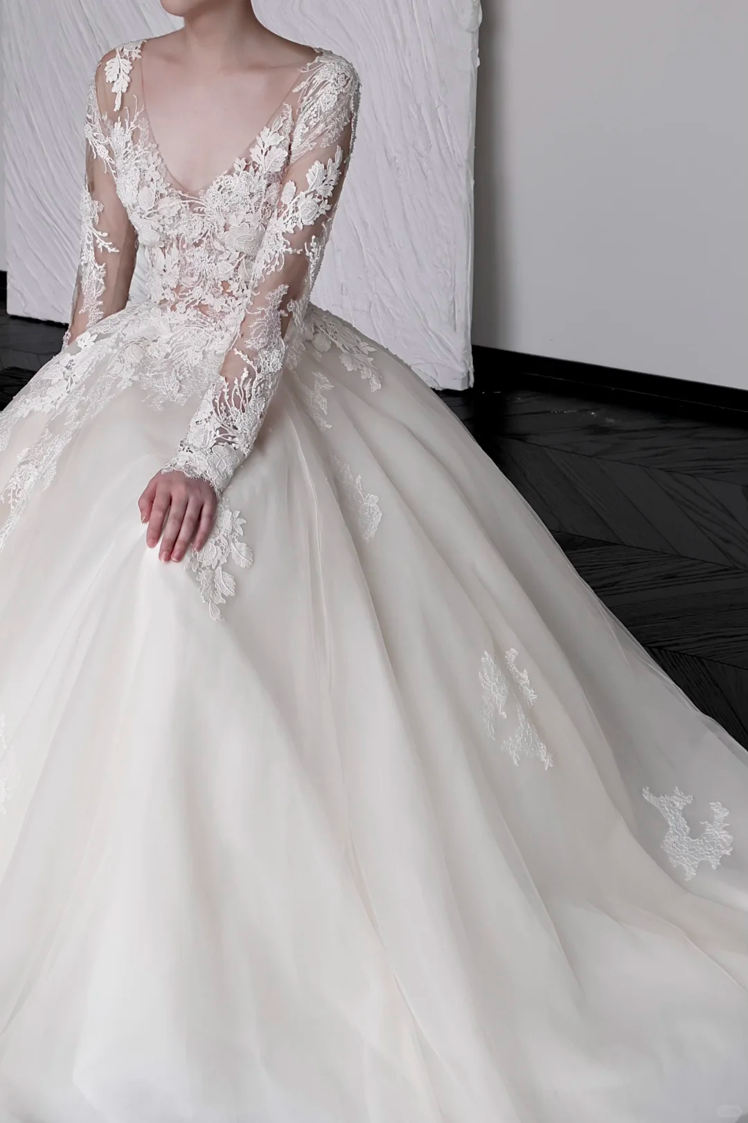 Vestido de novia único, vestido de fiesta, escote en V, mangas largas, encaje blanco, vestidos de novia DP843