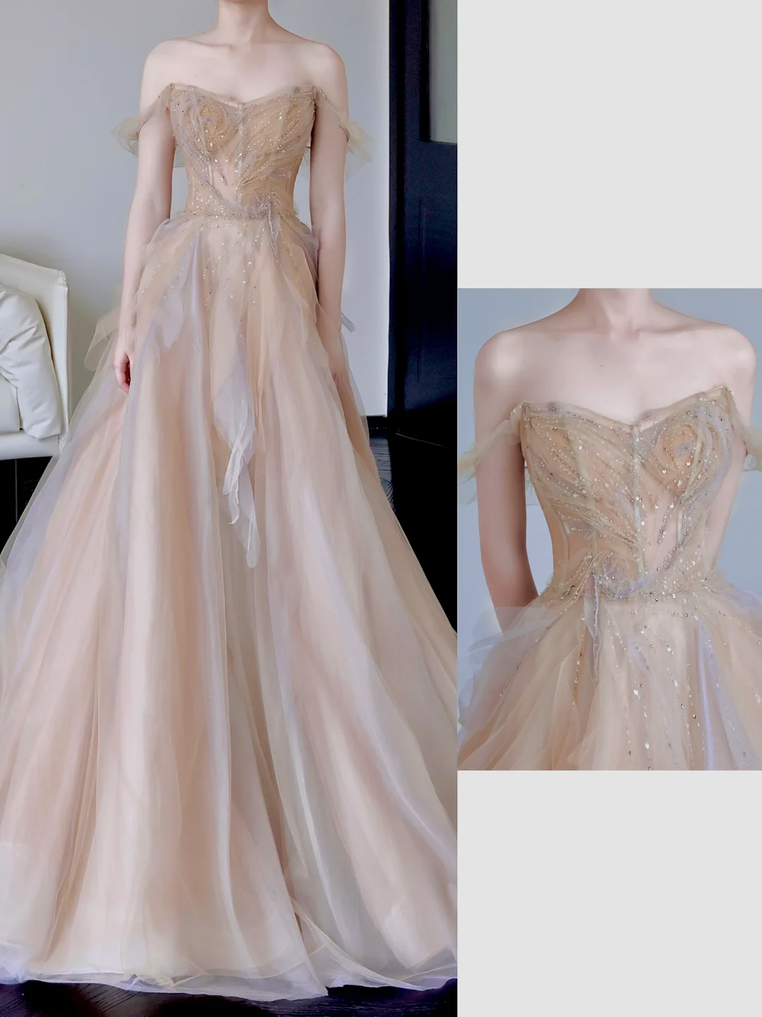 Hermoso vestido de fiesta largo de tul color champán con hombros descubiertos, vestidos de graduación DP664