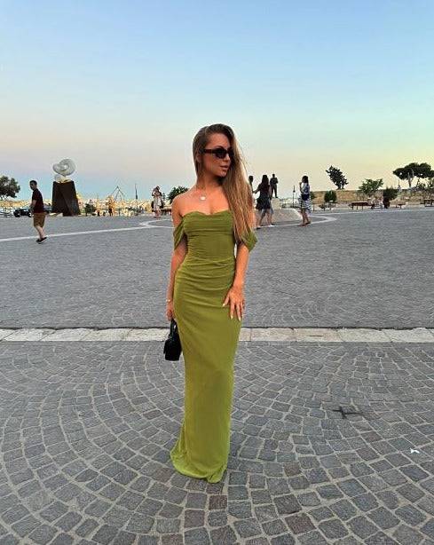 Elegante vestido de noche verde con hombros descubiertos para invitada de boda, vestidos de graduación de verano DP759