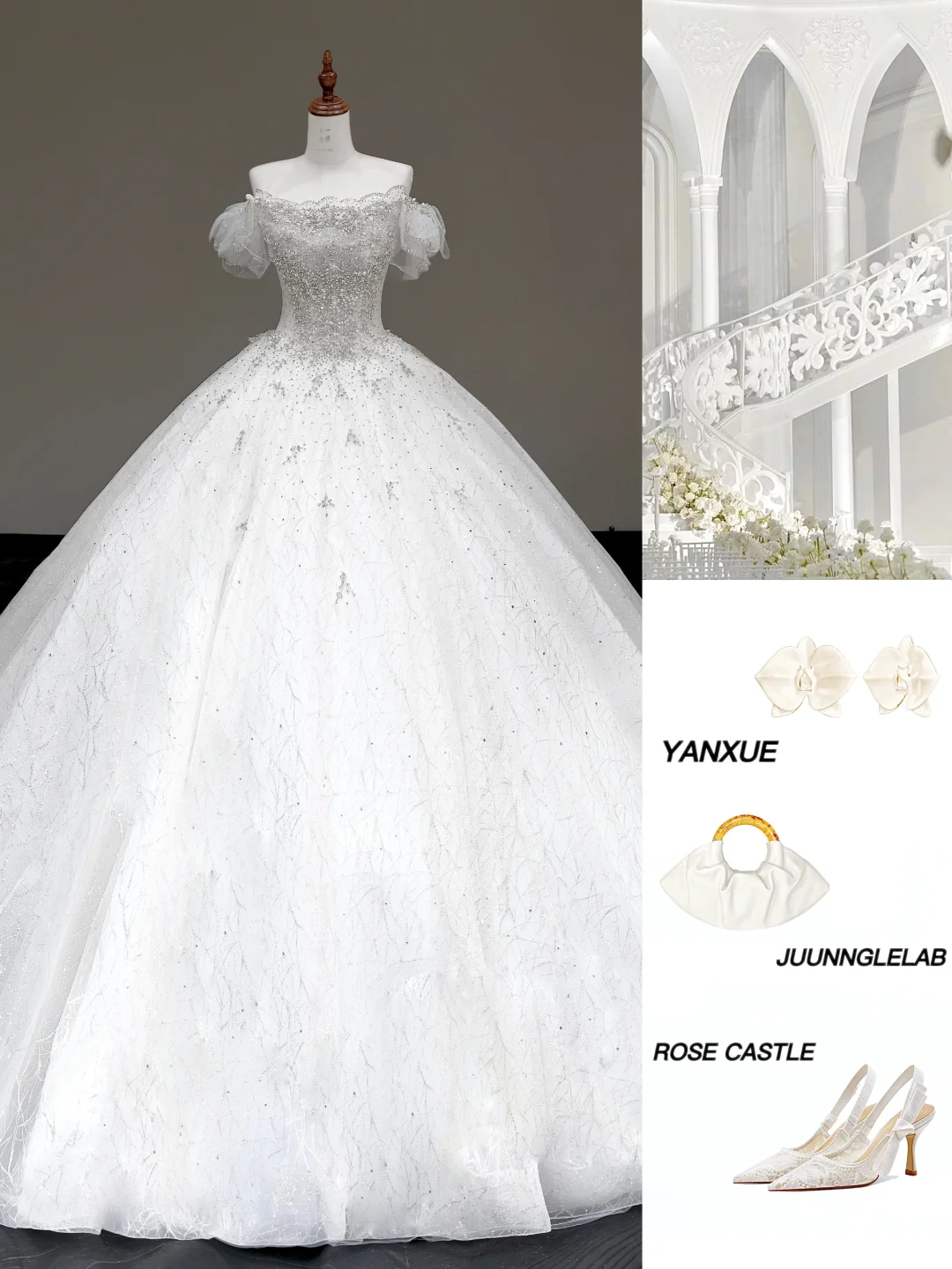 Vestido de novia elegante con hombros descubiertos, lentejuelas, blanco, manga corta, DP793