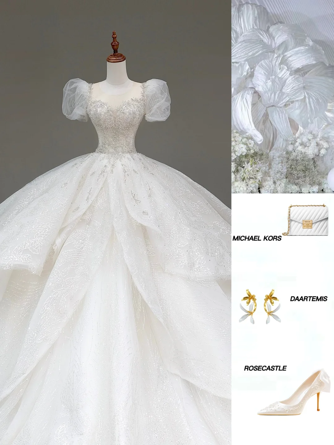 Vestido de novia único, corte corazón, mangas cortas, lentejuelas blancas, DP794