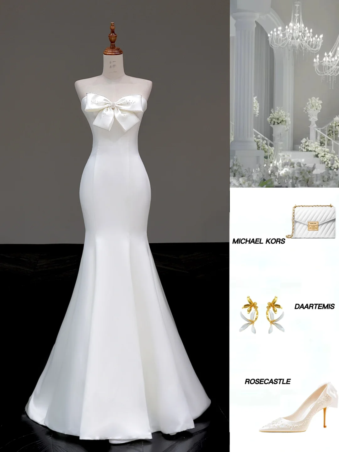 Vestido de novia sencillo de sirena sin tirantes, de satén blanco, estilo minimalista, DP805