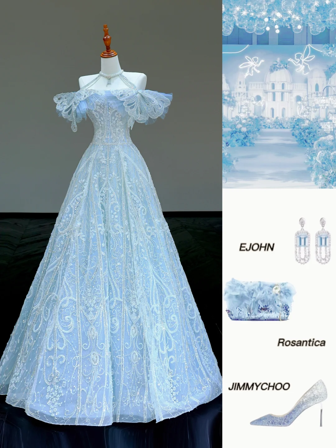 Hermoso vestido de fiesta largo con lentejuelas azules, corte A y hombros descubiertos, DP818