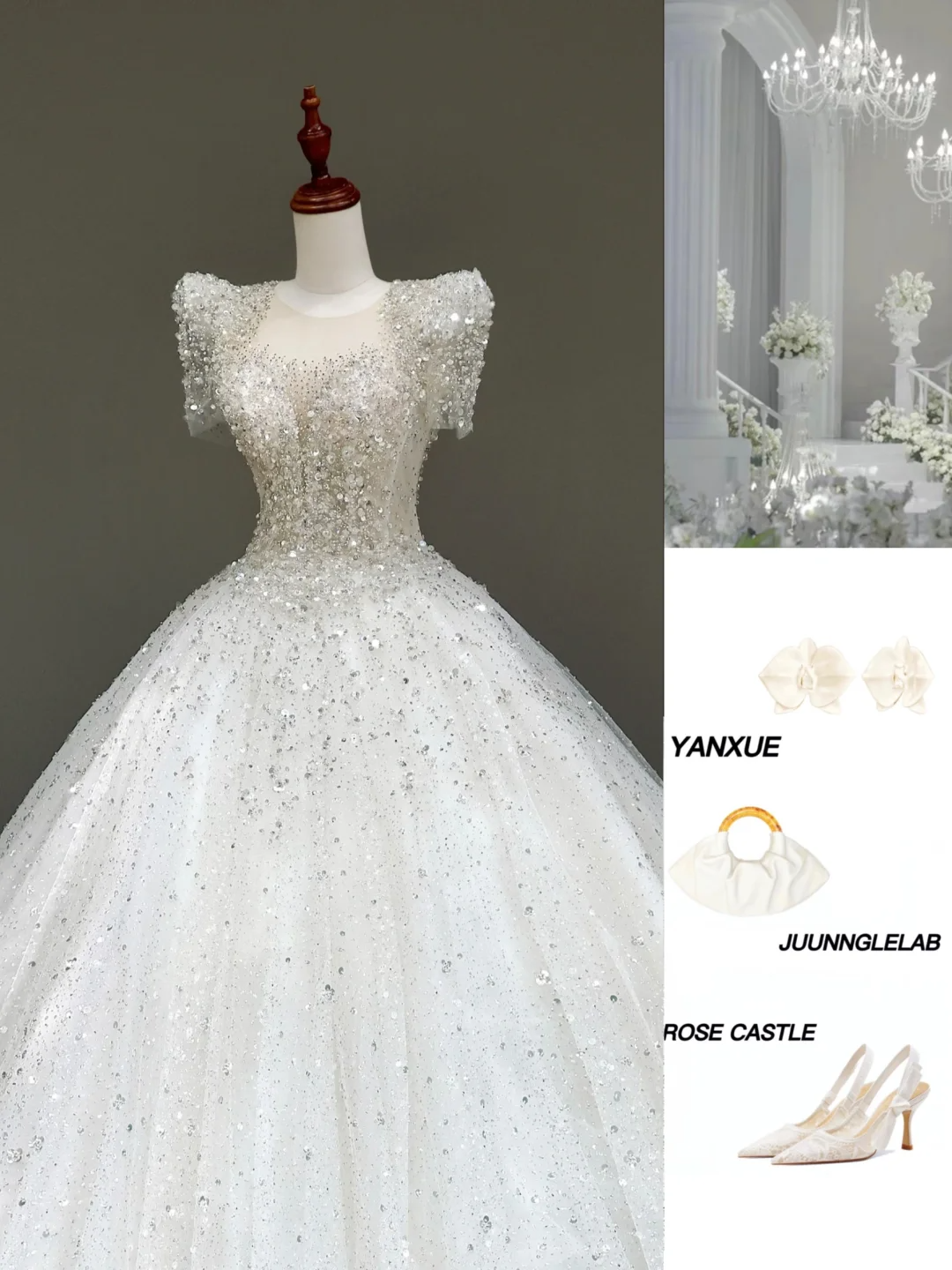 Vestido de novia estilo princesa, con escote redondo, lentejuelas y cuentas blancas, con mangas, DP824