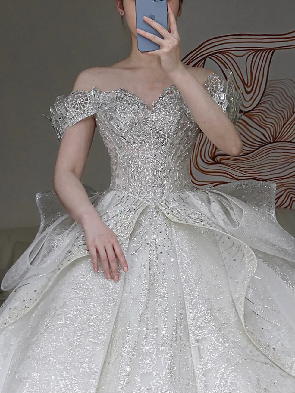 Vestido de novia elegante con hombros descubiertos, lentejuelas blancas, mangas cortas, para invierno, DP855