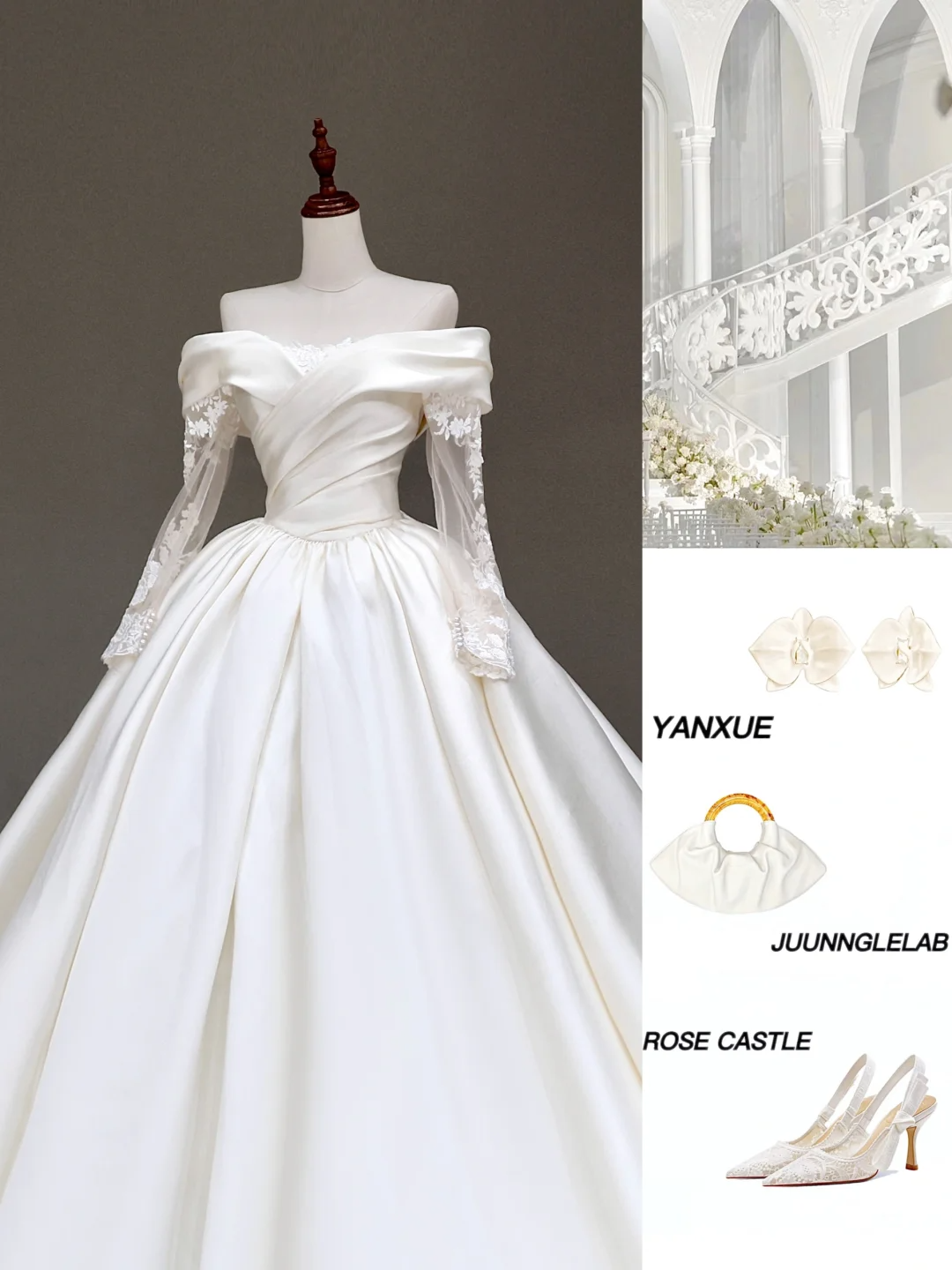 Vestido de novia atemporal, vestido de fiesta, hombros descubiertos, satén, mangas largas, vestidos de novia DP856
