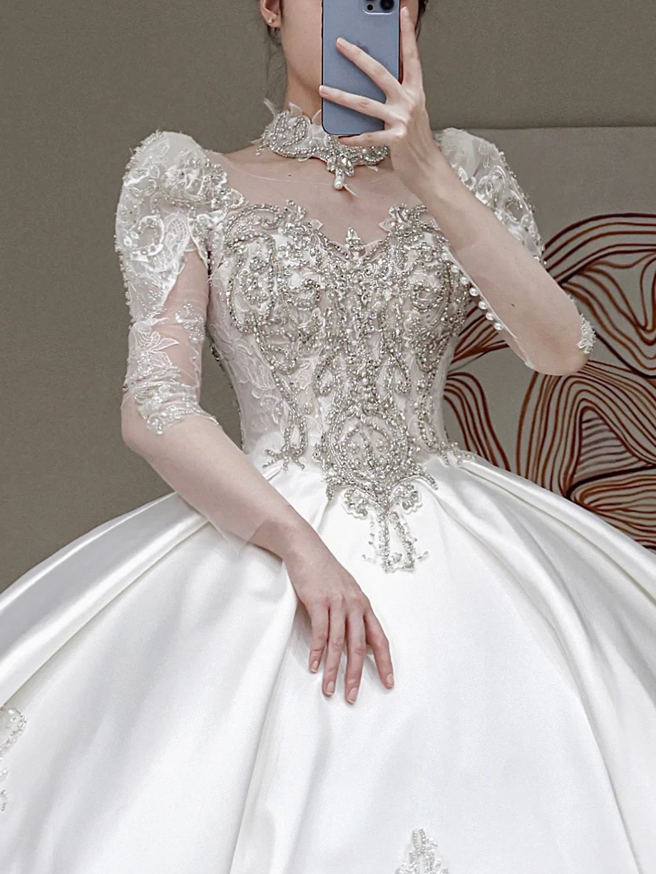 Vestido de novia princesa, escote redondo, lentejuelas blancas, cuentas, para invierno, DP858