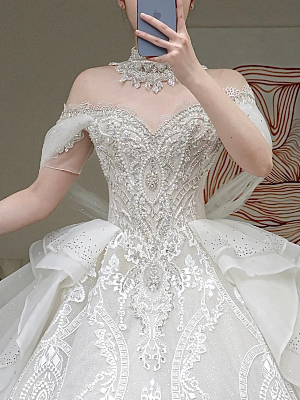 Vestido de novia princesa, vestido de baile con hombros descubiertos, lentejuelas blancas y cuentas, vestidos de novia de invierno DP863