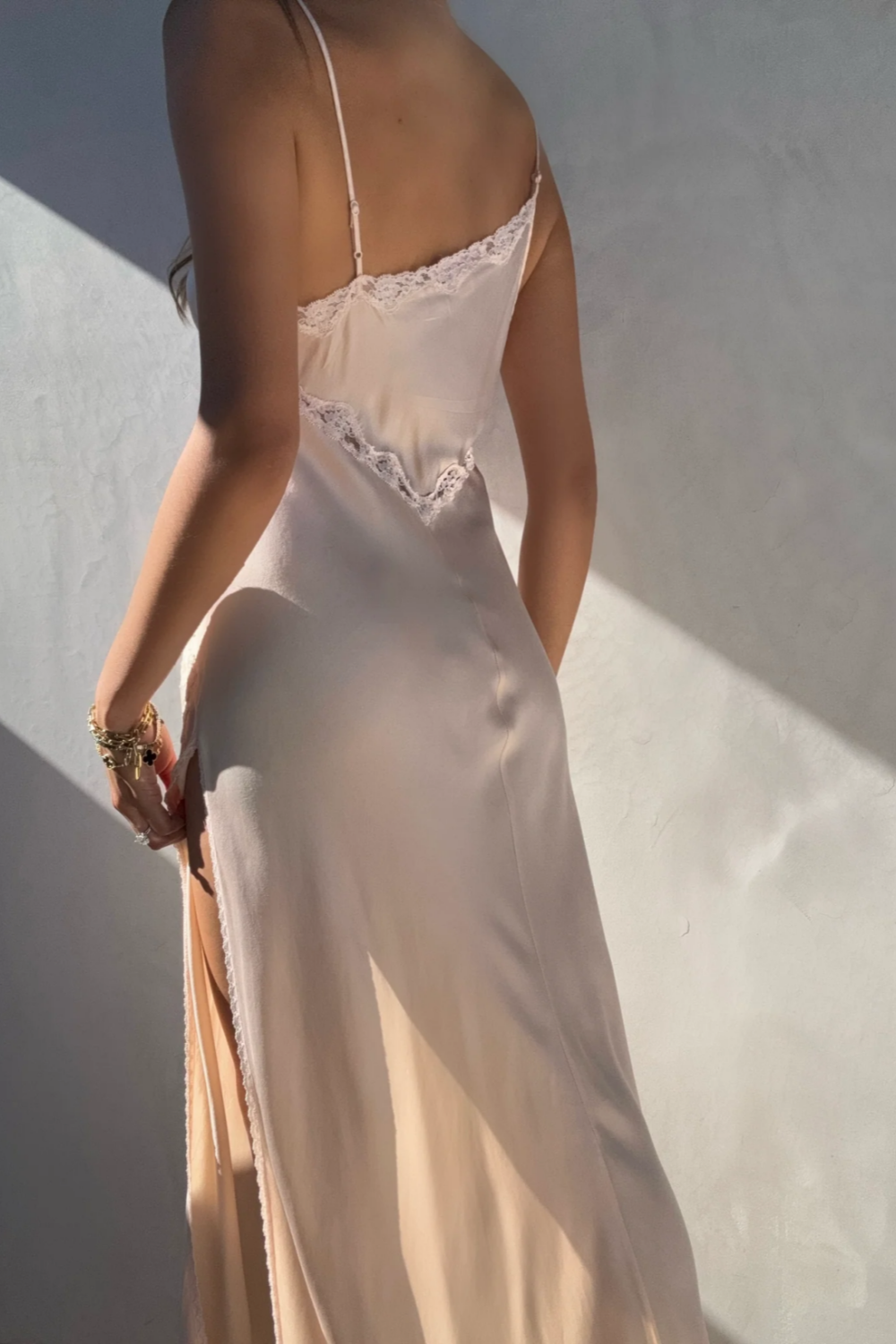 shopuniqlos--Light pink sexy elegant lace long slit prom dress party dress gh5506