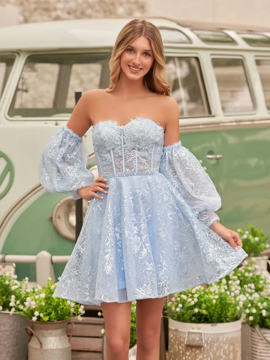 Vestido de fiesta vintage con apliques de lentejuelas y hombros descubiertos, corte A, escote corazón, TP3765