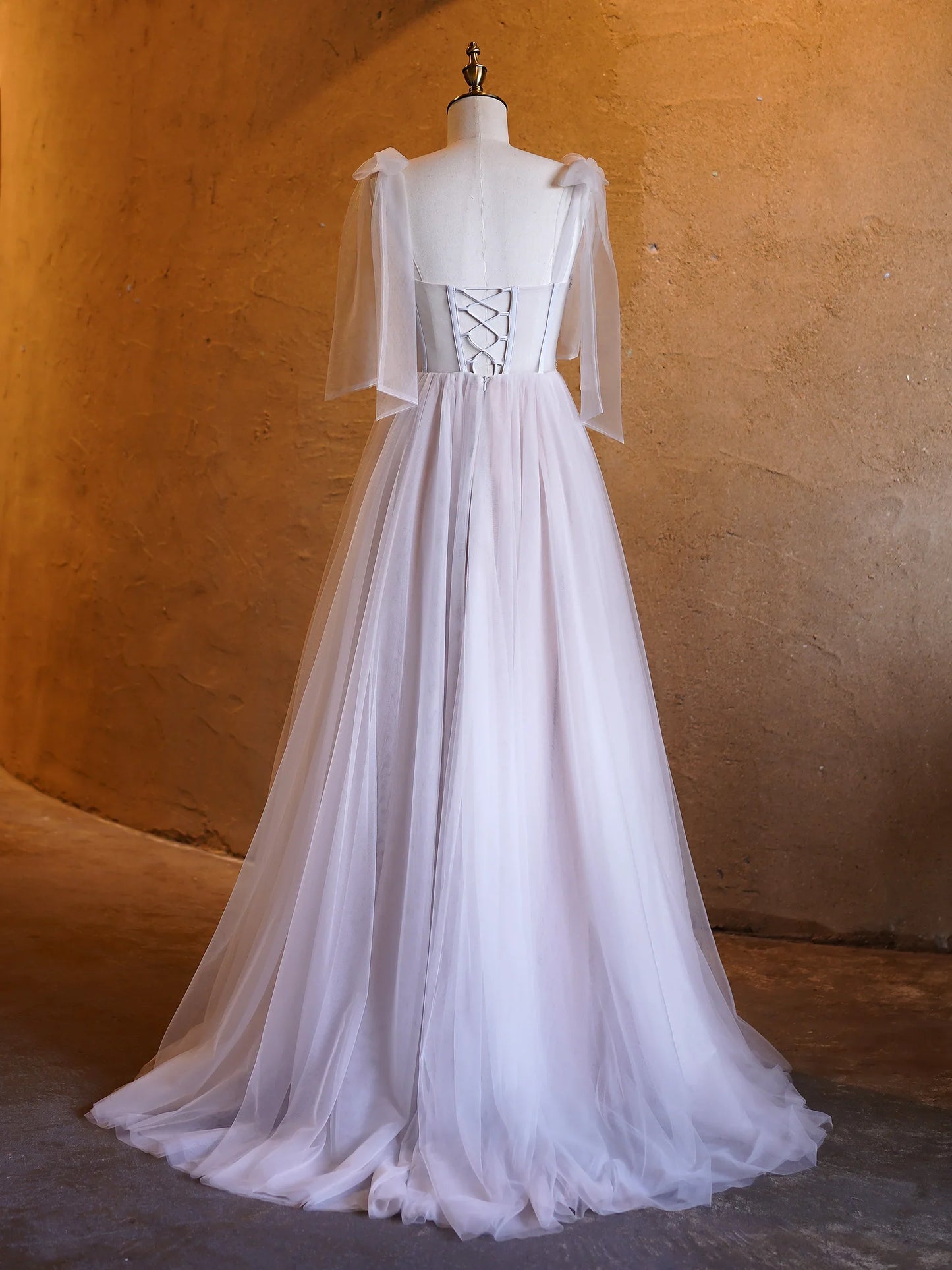 A-line Corset Applique Tulle Bow Straps Long Prom Dress with Sweep Train SH1694