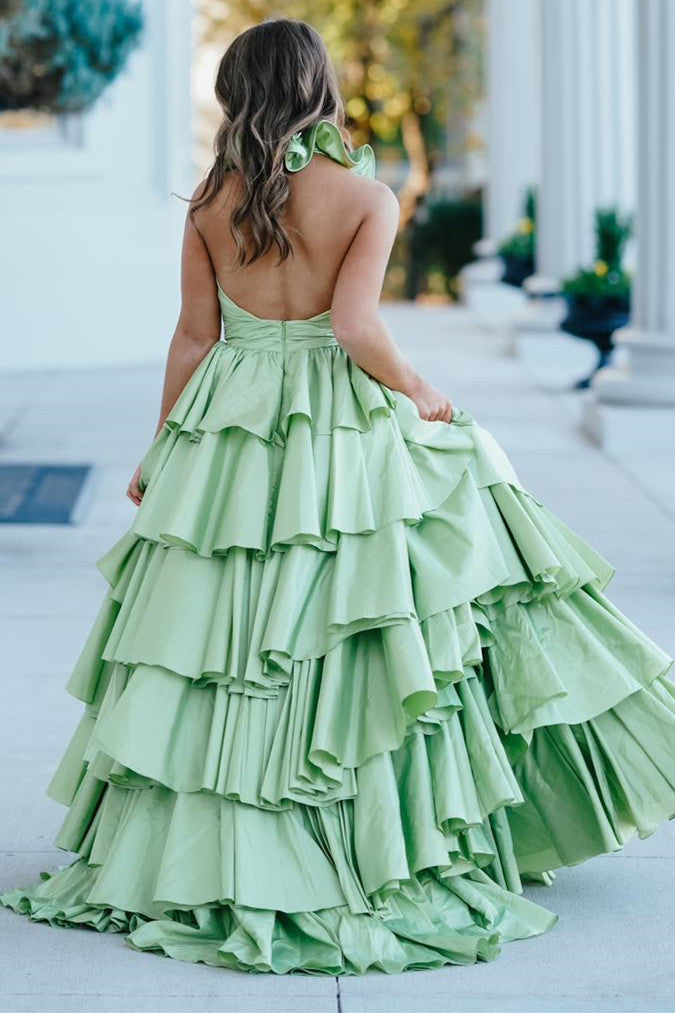 Unique Ruffles Halter Red Tiered Satin Pleated Long Prom Dresses GP568