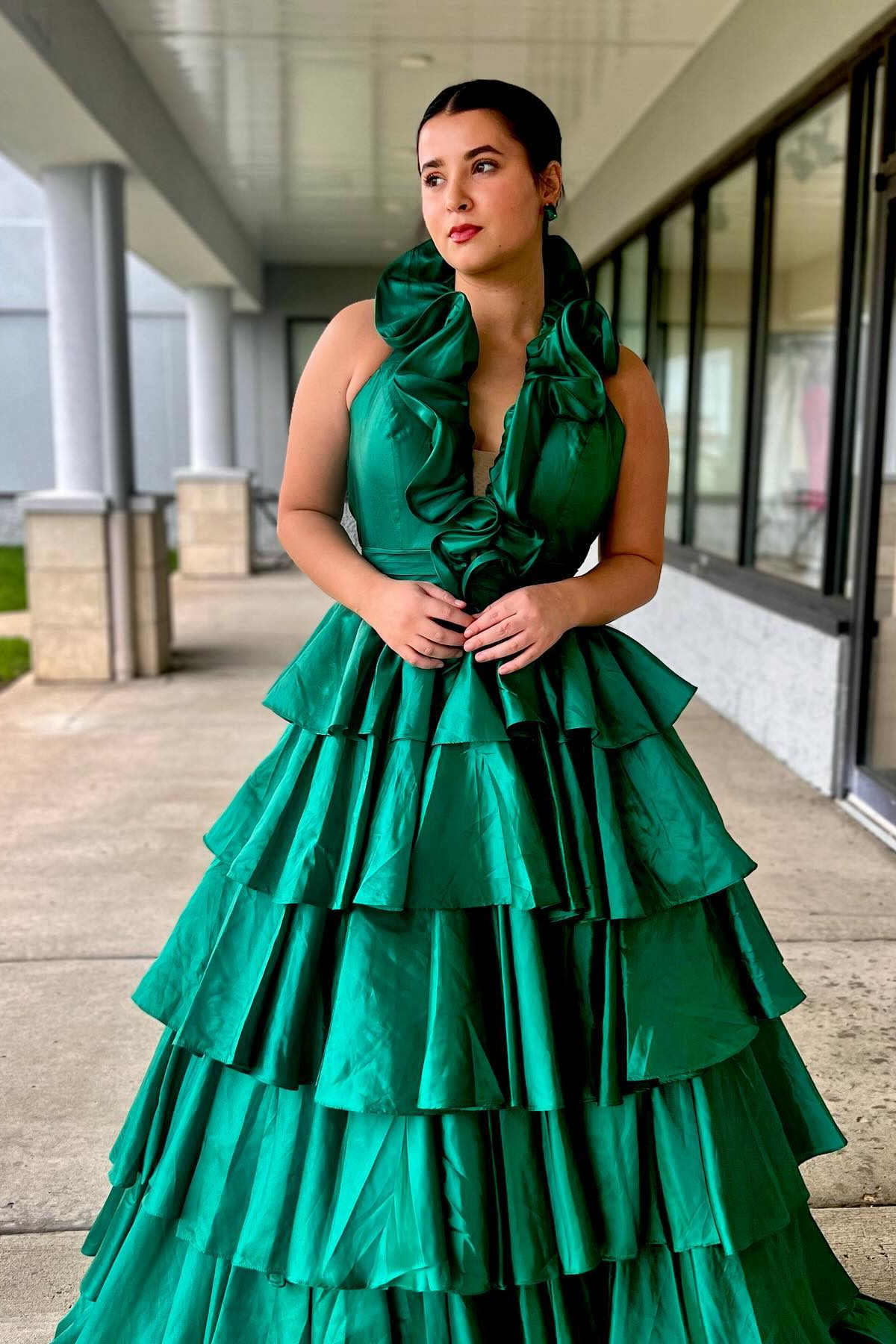 Unique Ruffles Halter Red Tiered Satin Pleated Long Prom Dresses GP568