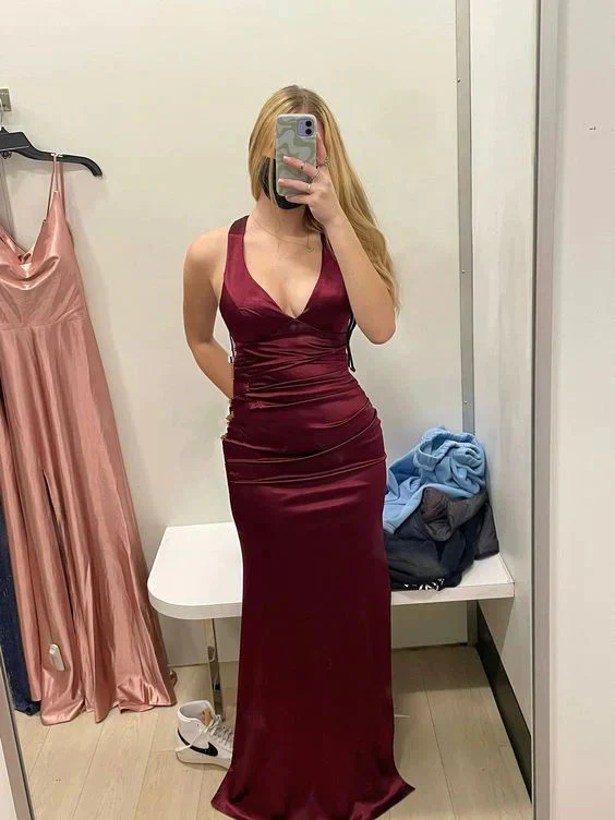 Satin Plunging V- Neckline Long Evening Dress Burgundy Prom Dresses SD1485