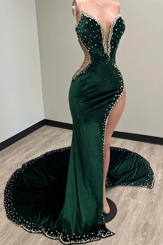 Dark Green Velvet Sexy Black Girls Prom Dresses Long Birthday Dress, AST884