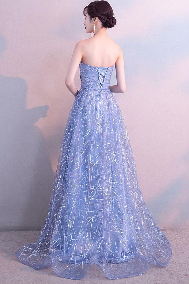Dusty Blue Tulle A-Line Long Prom Dress With Beading, Strapless Evening Gown GP149