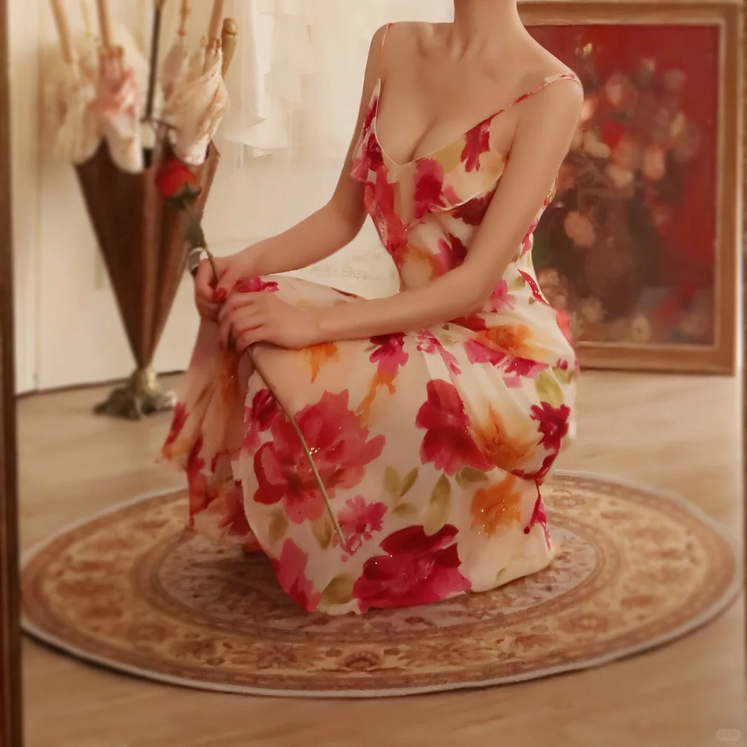 Vestido de noche vintage floral con escote en V, tirantes finos y corte en A, TP3931
