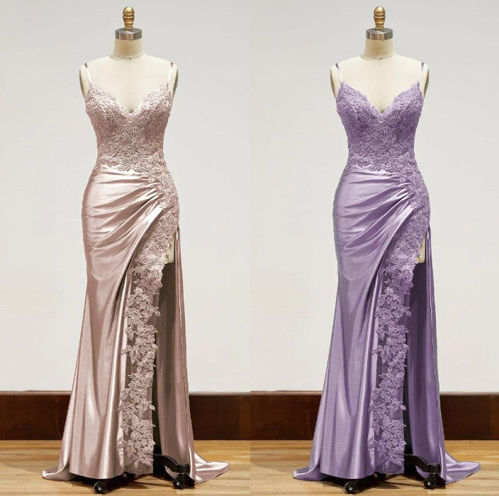 Elegant Black Spaghetti Straps Evening Dresses Satin Sheath Long Prom Dresses with Slits ED001