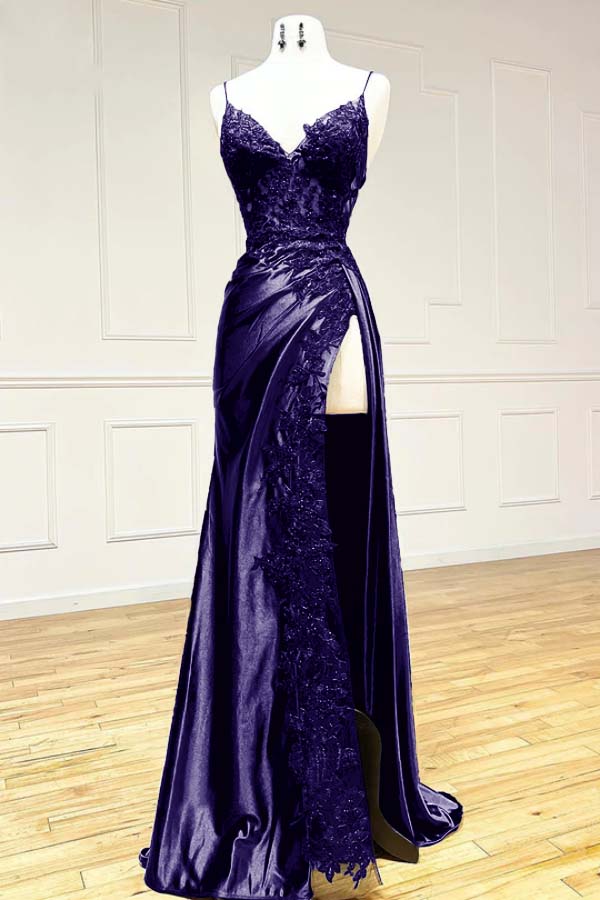 Elegant Black Spaghetti Straps Evening Dresses Satin Sheath Long Prom Dresses with Slits ED001