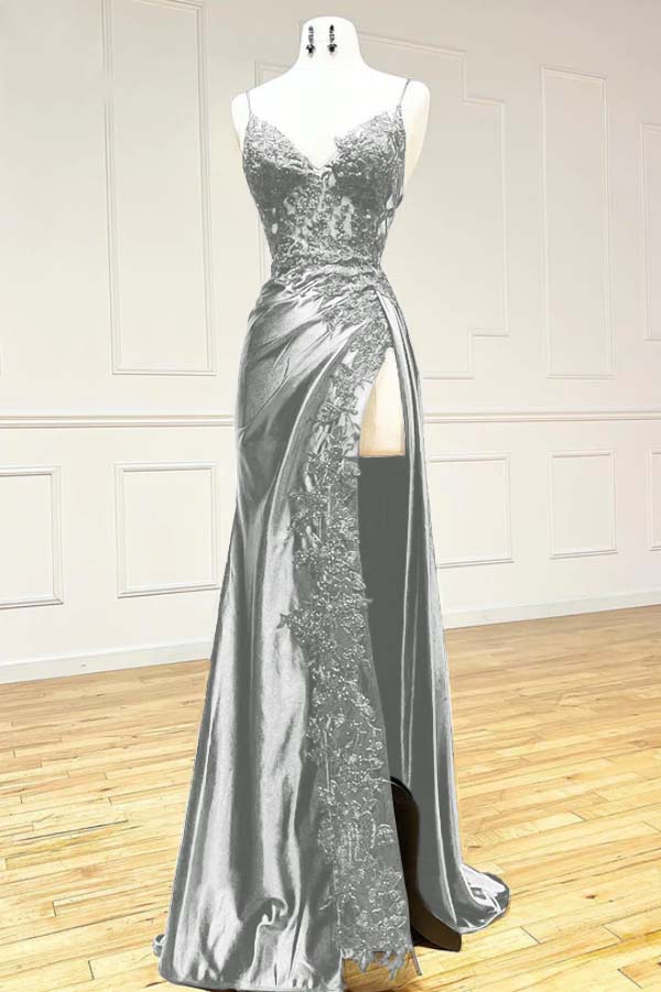 Elegant Black Spaghetti Straps Evening Dresses Satin Sheath Long Prom Dresses with Slits ED001